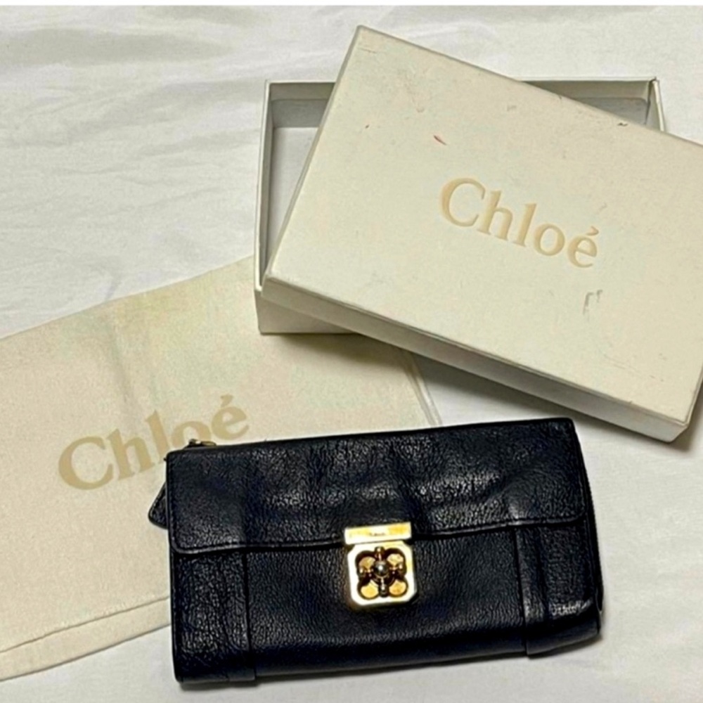 Chloe Black Leather Wallet with Gold-Tone Lock